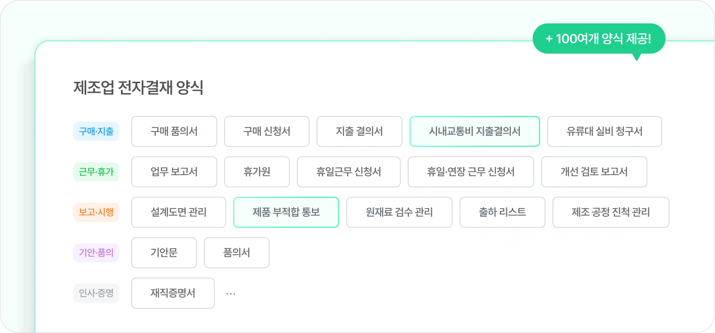 제조업에서 주로 사용할 수 있는 전자결재 양식 목록의 이미지