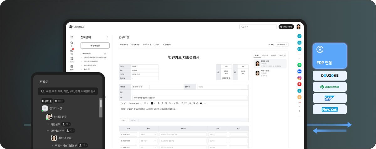 전자결재 법인카드 지출결의서 화면과 ERP(더존, SAP 등) 및 조직도 연동을 보여주는 이미지