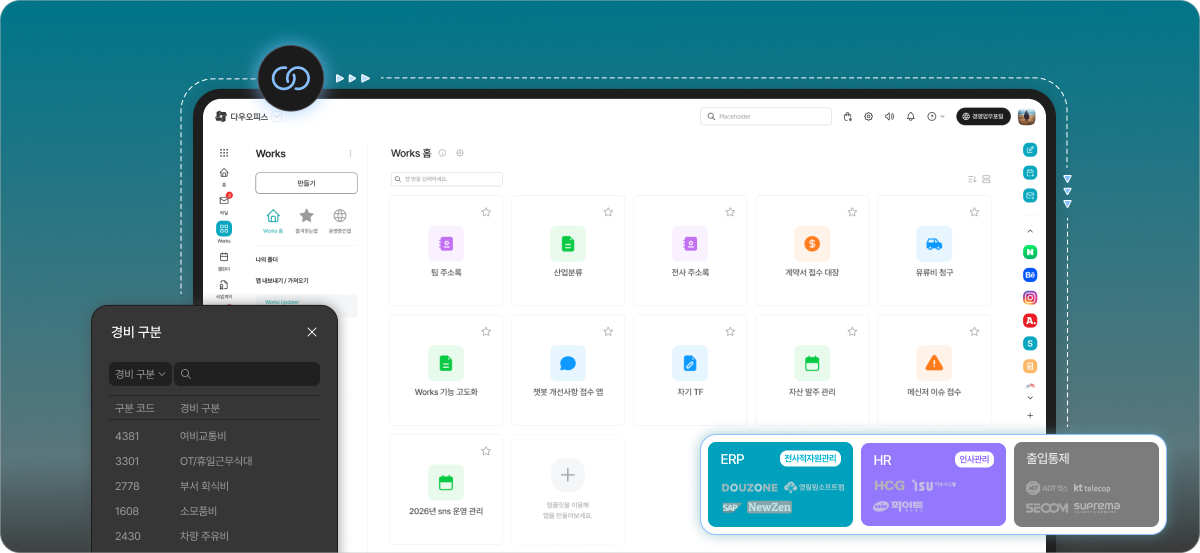 다우오피스 전자결재 시스템의 법인카드 지출결의서 작성 화면 및 하단에 배치된 다양한 연동 솔루션 로고들