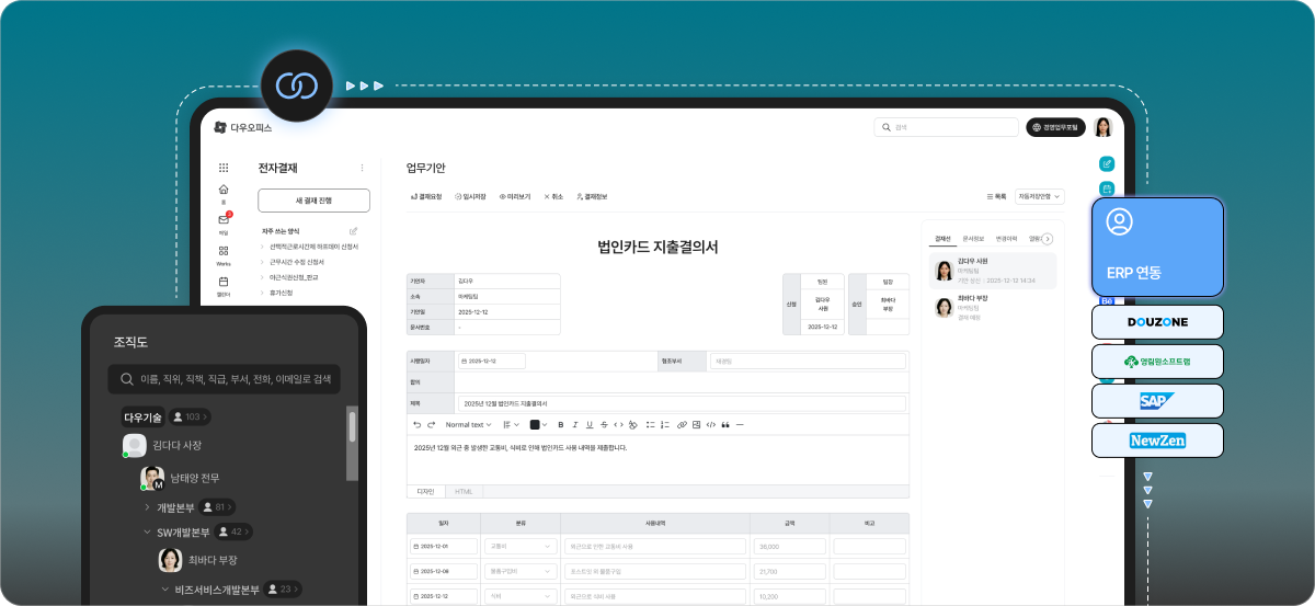 다우오피스 전자결재 시스템의 법인카드 지출결의서 작성 화면 및 하단에 배치된 다양한 연동 솔루션 로고들