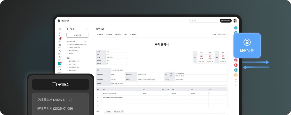 구매 품의서 결재 완료 시 ERP 시스템에 구매 데이터가 자동으로 생성되는 프로세스 이미지