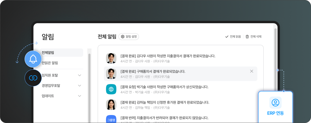 ERP 내 주요 업무 변동 사항이 다우오피스 메신저 및 모바일 앱 알림으로 실시간 전송되는 모습